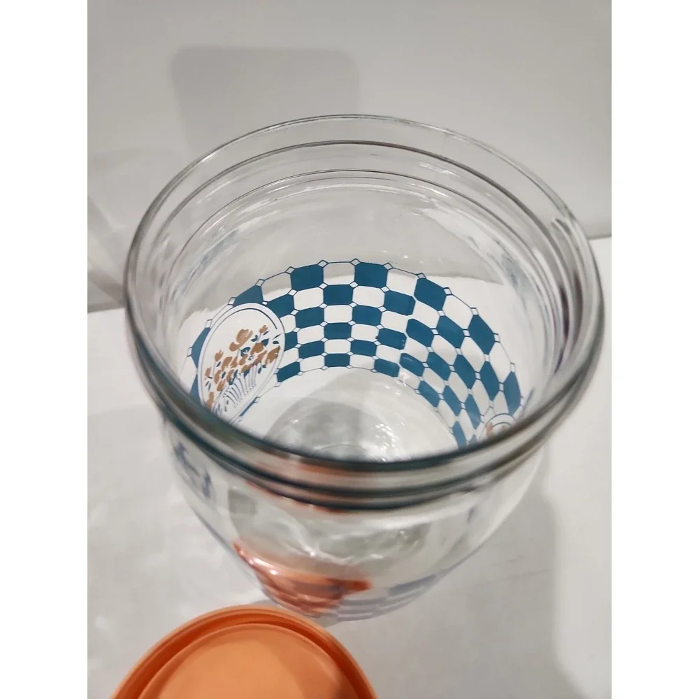 Vintage Carlton Glass Jar With Blue Checkered Pattern And Floral Design